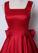 LANSITINA Tea-Length New Dark Red A-Line Evening Dresses Square Collar Satin Custom Made Prom Party Gown With A Big Bow
