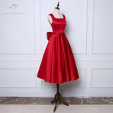LANSITINA Tea-Length New Dark Red A-Line Evening Dresses Square Collar Satin Custom Made Prom Party Gown With A Big Bow