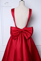 LANSITINA Tea-Length New Dark Red A-Line Evening Dresses Square Collar Satin Custom Made Prom Party Gown With A Big Bow