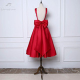 LANSITINA Tea-Length New Dark Red A-Line Evening Dresses Square Collar Satin Custom Made Prom Party Gown With A Big Bow