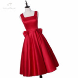 LANSITINA Tea-Length New Dark Red A-Line Evening Dresses Square Collar Satin Custom Made Prom Party Gown With A Big Bow
