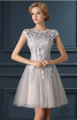 LANSITINA Mini Lace Prom Dress Customized Fashion O-Neck Tull Party Gown Dresses With Cap Sleeves