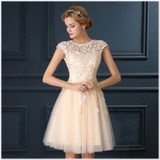 LANSITINA Mini Lace Prom Dress Customized Fashion O-Neck Tull Party Gown Dresses With Cap Sleeves