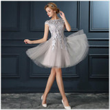 LANSITINA Mini Lace Prom Dress Customized Fashion O-Neck Tull Party Gown Dresses With Cap Sleeves