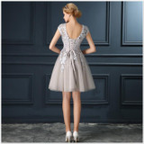 LANSITINA Mini Lace Prom Dress Customized Fashion O-Neck Tull Party Gown Dresses With Cap Sleeves