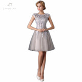 LANSITINA Mini Lace Prom Dress Customized Fashion O-Neck Tull Party Gown Dresses With Cap Sleeves
