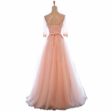 LANSITINA Elegant O-Neck A-Line Sweep Train Lace Evening Dress Cheap Prom Dresses Robe De Soiree Party Dress With Half Sleeves