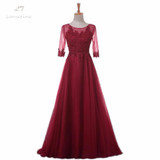 LANSITINA Elegant O-Neck A-Line Sweep Train Lace Evening Dress Cheap Prom Dresses Robe De Soiree Party Dress With Half Sleeves