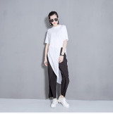 LANMREM 2018 New Summer Round Collar Long Sleeve Grey Irregular Hem Individuality Top Fashion Tide Korean Women T-shirt FB099