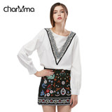 LANGSTAR Women Embroidered Skirt Vintage Pencil Short Skirts Womens High Waist Black Boho Mini Casual Floral Embroidery Skirt