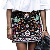 LANGSTAR Women Embroidered Skirt Vintage Pencil Short Skirts Womens High Waist Black Boho Mini Casual Floral Embroidery Skirt