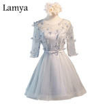 Lamya vestido de festa Lace Cocktail Dress Open Back Sexy Appliques Tulle Prom dresses 2017 abendkleider