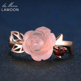 LAMOON Rose Flower 9mm 100% Natural Pink Rose Quartz Ring 925 Sterling Silver Jewelry Rose Gold Romantic Wedding Band LMRI025