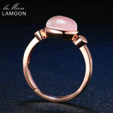 LAMOON Oval Shape 100% Natural Pink Rose Quartz Rings for Women Real 925 Sterling Silver Jewelry Romantic Wedding Band RI014