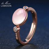 LAMOON Oval Shape 100% Natural Pink Rose Quartz Rings for Women Real 925 Sterling Silver Jewelry Romantic Wedding Band RI014