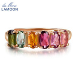 LAMOON Real Natural 6pcs 1.5ct Oval Multi-color Tourmaline Ring 925 Sterling Silver Jewelry 18K Rose Gold Engagement Rings Gifts
