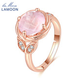 LAMOON Flower 9mm 100% Natural Round Pink Rose Quartz Ring 925 Sterling Silver Jewelry Romantic Wedding Band LMRI016