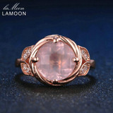 LAMOON Flower 9mm 100% Natural Round Pink Rose Quartz Ring 925 Sterling Silver Jewelry Romantic Wedding Band LMRI016