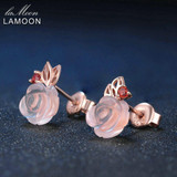 LAMOON Fine Jewelry Rose Flower Stud Earrings Natural Gemstone Rose Quartz 925 Sterling Silver Noble Design Wedding Earrings