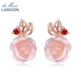 LAMOON Fine Jewelry Rose Flower Stud Earrings Natural Gemstone Rose Quartz 925 Sterling Silver Noble Design Wedding Earrings