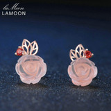 LAMOON Fine Jewelry Rose Flower Stud Earrings Natural Gemstone Rose Quartz 925 Sterling Silver Noble Design Wedding Earrings