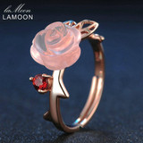 LAMOON FlowerRose Natural Pink Rose Quartz made with 925 Sterling Silver Jewelry 18K Rose Gold Plated Jewelry Set V033-1