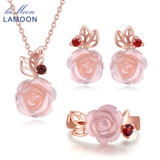 LAMOON FlowerRose Natural Pink Rose Quartz made with 925 Sterling Silver Jewelry 18K Rose Gold Plated Jewelry Set V033-1