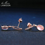 LAMOON Drop Earrings 925 Sterling Silver Oval Earrings Natrual Gemstone Rose Quartz Rose Earrings Fine Jewelry For Women
