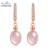 LAMOON Drop Earrings 925 Sterling Silver Oval Earrings Natrual Gemstone Rose Quartz Rose Earrings Fine Jewelry For Women