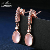 LAMOON Drop Earrings 925 Sterling Silver Oval Earrings Natrual Gemstone Rose Quartz Rose Earrings Fine Jewelry For Women