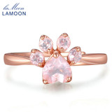 LAMOON Bear's Paw 100% Natural Gemstone Pink Rose Quartz Rings For Women 925 Sterling Silver Fine Jewelry Wedding Band Ring