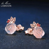 LAMOON 9mm Rose Flower Natural Pink Rose Quartz made with 925 Sterling Silver Jewelry 18K Rose Gold Plated Stud Earrings LMEI015