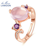 LAMOON 8x10mm 100% Natural Oval Pink Rose Quartz Ring 925 Sterling Silver Jewelry Rose Gold Romantic Wedding Band LMRI017