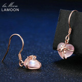 LAMOON 7X8mm 100% Natural Heart Pink Rose Quartz 925 Sterling Silver Jewelry Rose Gold Plated Drop Earrings S925 LMEI012