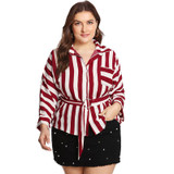 LALAIKAI Plus Size XL 2XL 3XL 4XL 5XL Blouse Women Ring Belt Pocket Office White Red Striped Blouses Work Tee Shirts SWA1311-47