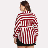 LALAIKAI Plus Size XL 2XL 3XL 4XL 5XL Blouse Women Ring Belt Pocket Office White Red Striped Blouses Work Tee Shirts SWA1311-47