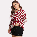 LALAIKAI Plus Size XL 2XL 3XL 4XL 5XL Blouse Women Ring Belt Pocket Office White Red Striped Blouses Work Tee Shirts SWA1311-47