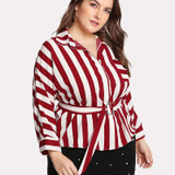 LALAIKAI Plus Size XL 2XL 3XL 4XL 5XL Blouse Women Ring Belt Pocket Office White Red Striped Blouses Work Tee Shirts SWA1311-47