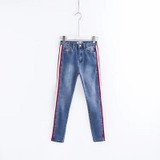 LALA IKAI Side Stripe Jeans Woman High Waist Jeans Denim Full Length Female Pencil Pant Skinny Vintage Jeans Mujer KWA0282-45