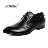 Jack Willden Plus Size 38-48 Luxury Pointed Toe Oxford Men's Brogue Dress Derby Shoes Carved Leather Mens Party Wedding Shoes