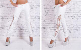 J&L New Sexy Hollow Out Lace Jeans Patchwork White Pencil Pants Floral Appliques Trousers Full Length Plus Size Jeans For Women