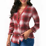 IYAEGE Womens Tops And Blouses 2018 Spring Plaid Shirts Casual Long Sleeve Blouse Sexy Lace Up Shirt Women Tunic Tops Blusas XXL