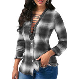IYAEGE Womens Tops And Blouses 2018 Spring Plaid Shirts Casual Long Sleeve Blouse Sexy Lace Up Shirt Women Tunic Tops Blusas XXL