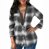 IYAEGE Womens Tops And Blouses 2018 Spring Plaid Shirts Casual Long Sleeve Blouse Sexy Lace Up Shirt Women Tunic Tops Blusas XXL