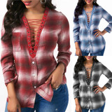IYAEGE Womens Tops And Blouses 2018 Spring Plaid Shirts Casual Long Sleeve Blouse Sexy Lace Up Shirt Women Tunic Tops Blusas XXL