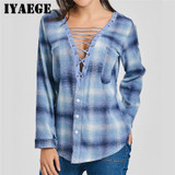 IYAEGE Womens Tops And Blouses 2018 Spring Plaid Shirts Casual Long Sleeve Blouse Sexy Lace Up Shirt Women Tunic Tops Blusas XXL
