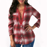 IYAEGE Womens Tops And Blouses 2018 Spring Plaid Shirts Casual Long Sleeve Blouse Sexy Lace Up Shirt Women Tunic Tops Blusas XXL