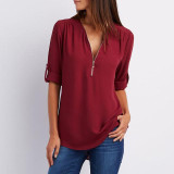 IYAEGE Women Blouses 2018 Spring Long Sleeve Blouse Sexy Zipper Deep V Neck Chiffon Blouse Tops Office Ladies Shirts Blusas 3XL