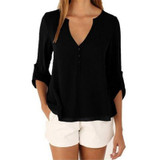 IYAEGE Loose Casual Fall Blouses Women Long Sleeve Deep V Neck Chiffon Blouse Shirt Button Back Asymmetric Ladies Tops Blusas