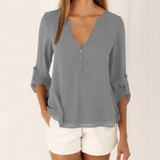 IYAEGE Loose Casual Fall Blouses Women Long Sleeve Deep V Neck Chiffon Blouse Shirt Button Back Asymmetric Ladies Tops Blusas